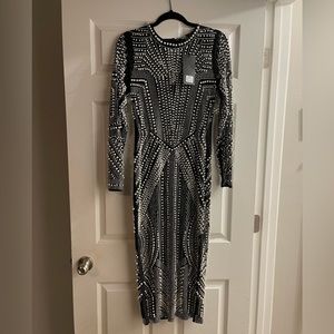 Black mesh midi dress embellished with pearls and rhinestones size medium  NWT